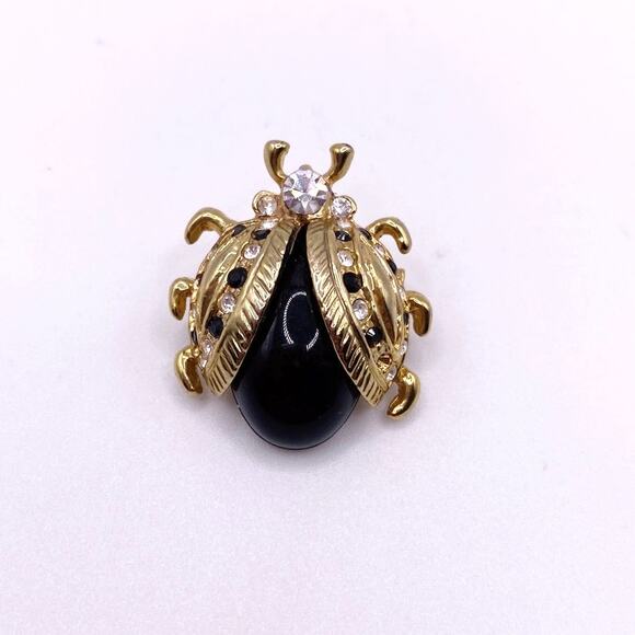 Vintage Lady Bug Brooch Pin Black and Gold Tone - Picture 2 of 6